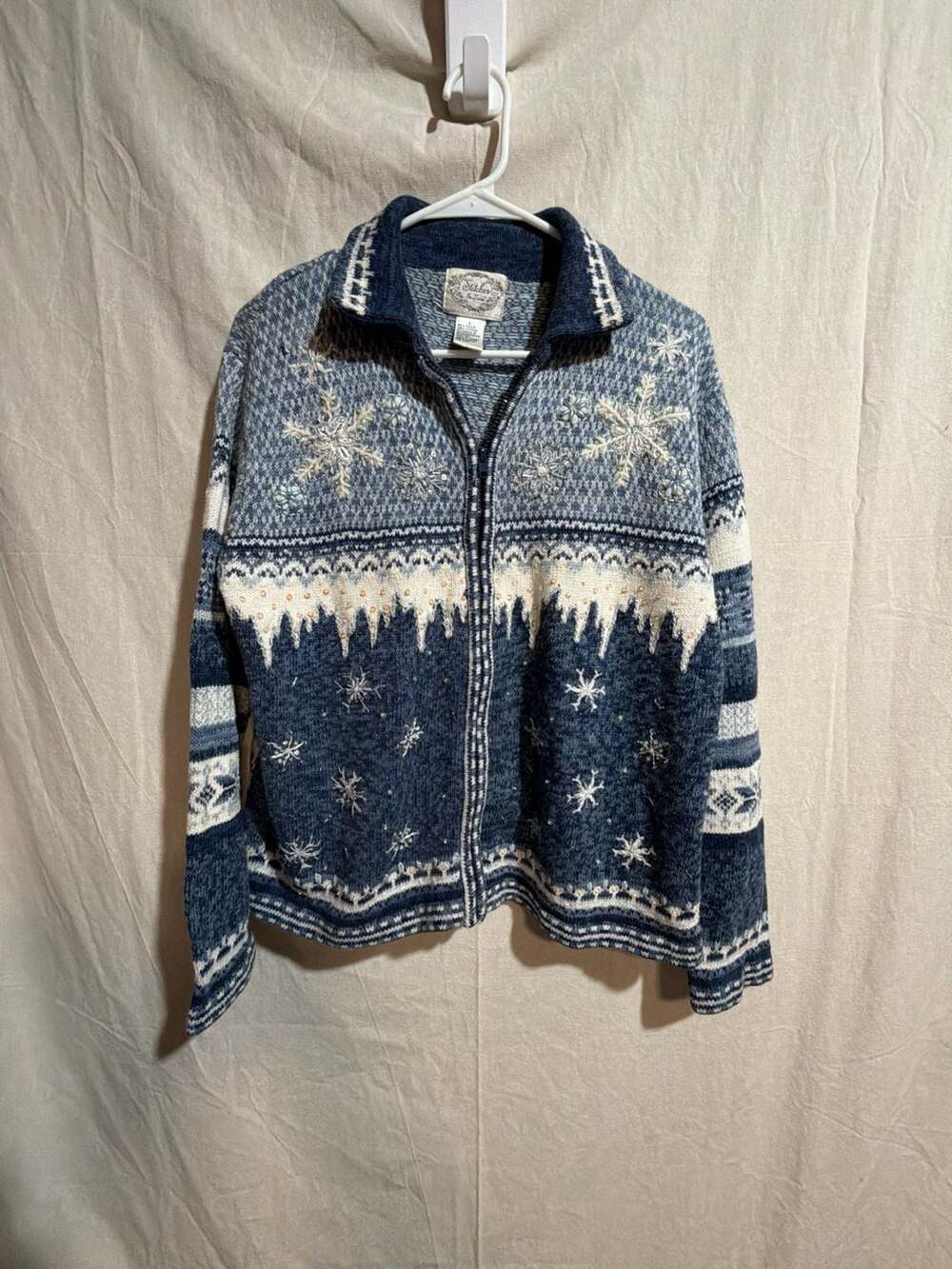 Stitches in Time Vintage Blue and White Snowflake Beaded Winter Zip Up Cardigan